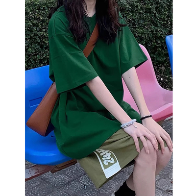 美式高街墨绿色短袖纯棉t恤女潮