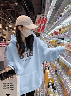 奶fufu蓝色纯棉卫衣女春秋季2025新款大码宽松慵懒风外套薄款上衣