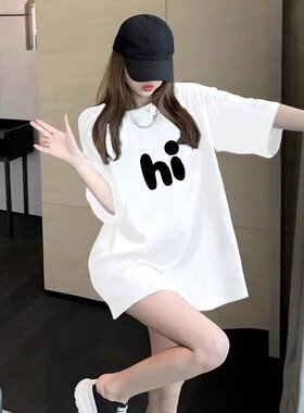 黑色t恤女短袖遮屁股中长款遮臀大码宽松字母纯棉上衣女士半袖夏