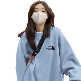 雾霾蓝色圆领纯棉卫衣女春秋潮牌2026年新款加绒加厚欧货宽松外套