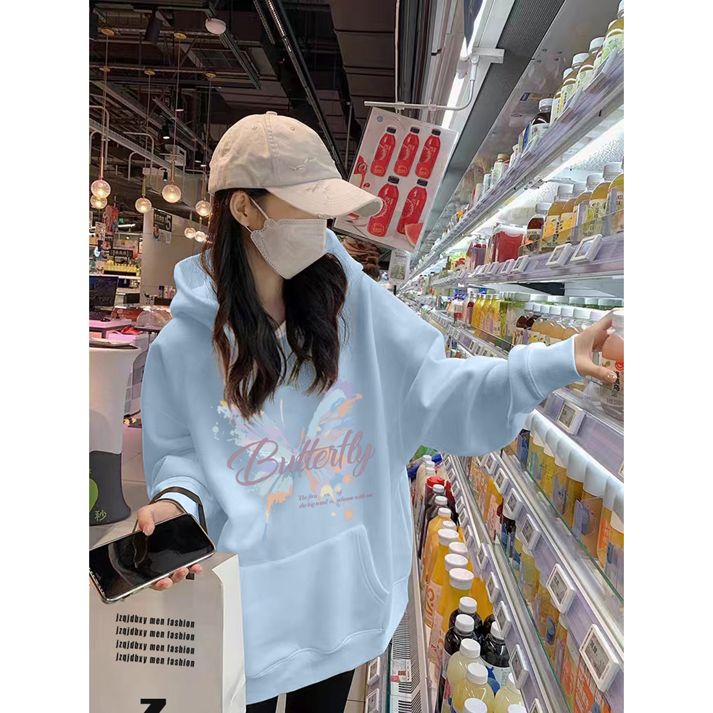 雾霾蓝连帽卫衣女中长款宽松上衣