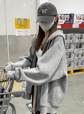 灰色纯棉连帽卫衣女2025新款春秋季休闲慵懒宽松开衫外套拉链上衣