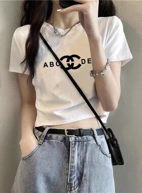 高腰短款紧身辣妹纯欲上衣白色纯棉正肩t恤短袖女夏季半袖体恤ins