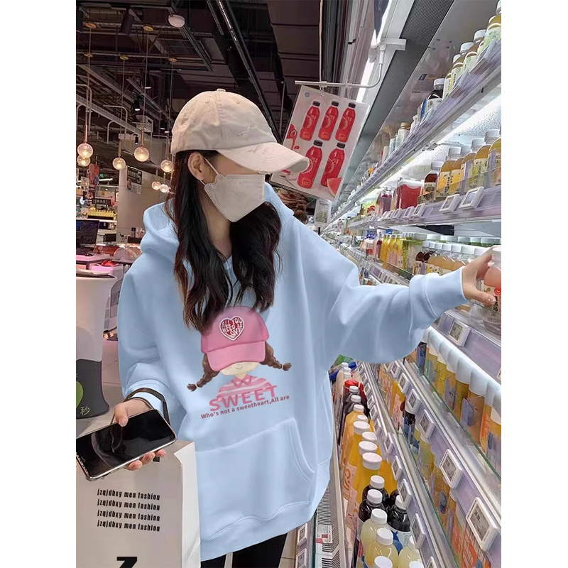 奶蓝色纯棉连帽卫衣女加绒外套潮