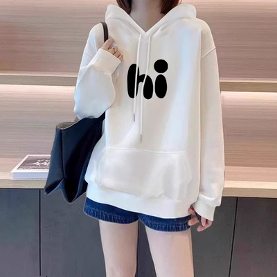 白色中长款纯棉连帽卫衣女上衣潮