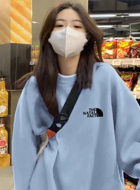 雾霾蓝色圆领纯棉卫衣女春秋潮牌2025年新款加绒加厚欧货宽松外套