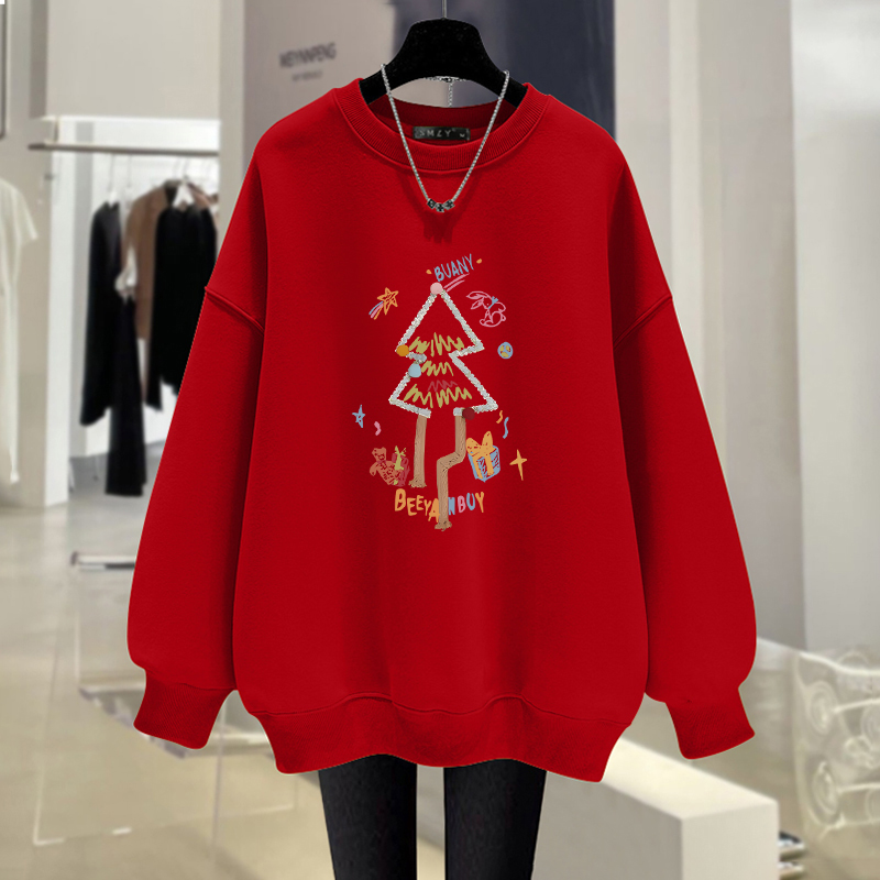 红色新年圆领卫衣女圣诞节衣服潮