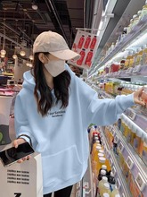 奶蓝色加绒加厚连帽纯棉卫衣女2025年新款秋冬洋气宽松设计感外套