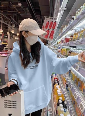 奶蓝色加绒加厚连帽纯棉卫衣女2025年新款秋冬洋气宽松设计感外套