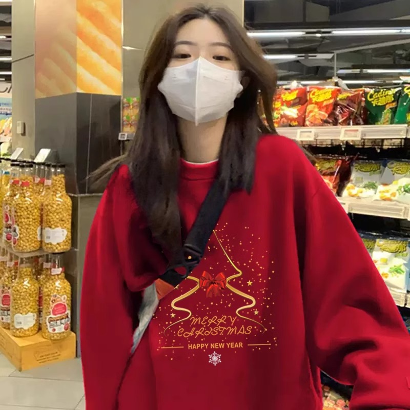 马年本命年新款纯棉红色圣诞卫衣