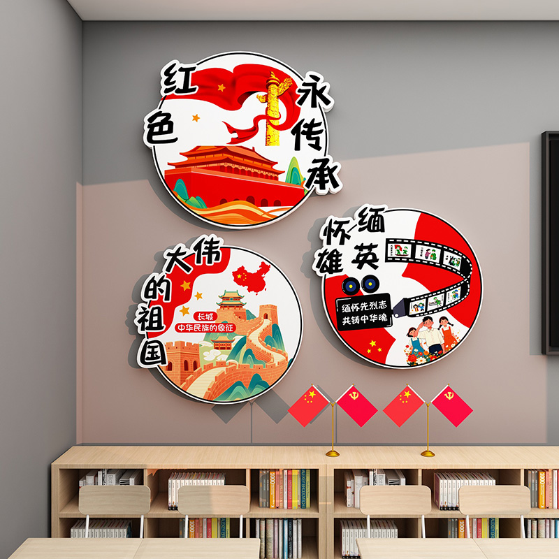 红色爱国主题班级文化墙贴教室