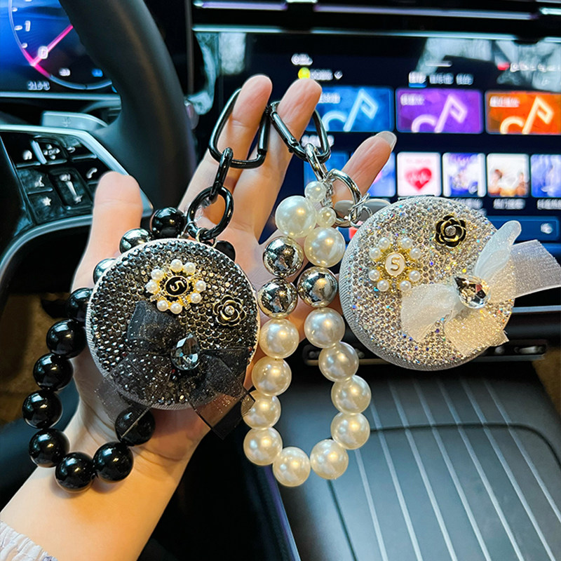 创意珠串圆形陶泥满钻镜子钥匙扣挂件多功能随身补妆小镜子时尚型