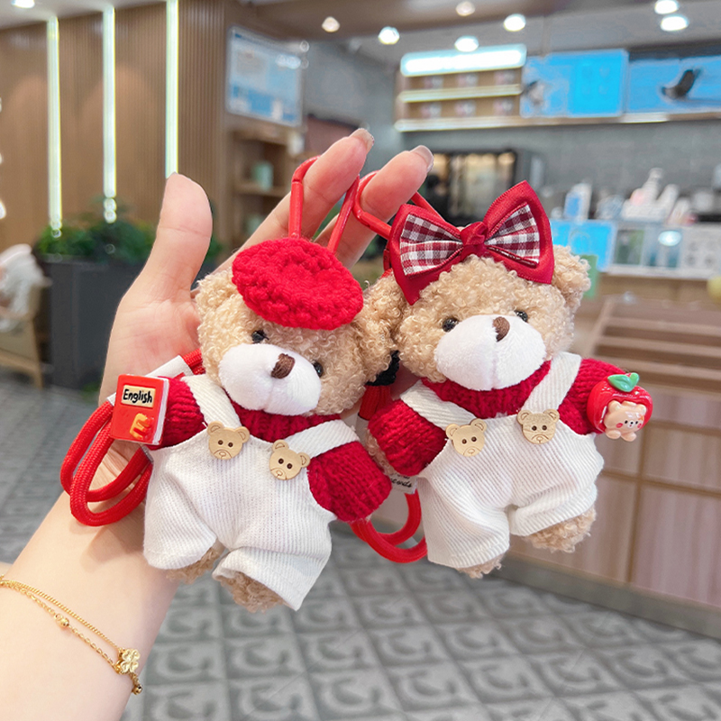 创意韩版背带裤小熊毛绒公仔包包挂件可爱新年红卡通挂件圣诞礼物