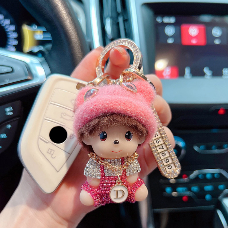 软萌娃娃镶钻钥匙扣女生可爱精致防丢号码牌汽车钥匙链圈挂件个性