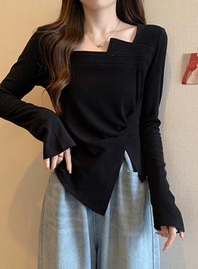黑色不规则长袖t恤秋新款大码胖遮肚显瘦打底衫感上衣0115k