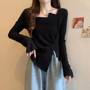 黑色不规则长袖t恤女春秋新款大码胖mm遮肚显瘦打底衫设计感上衣