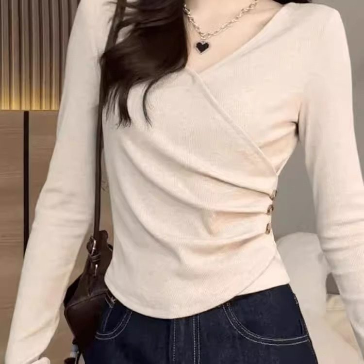 法式交叉V领长袖针织衫女秋冬修身收腰内搭毛衣显瘦洋气打底衫