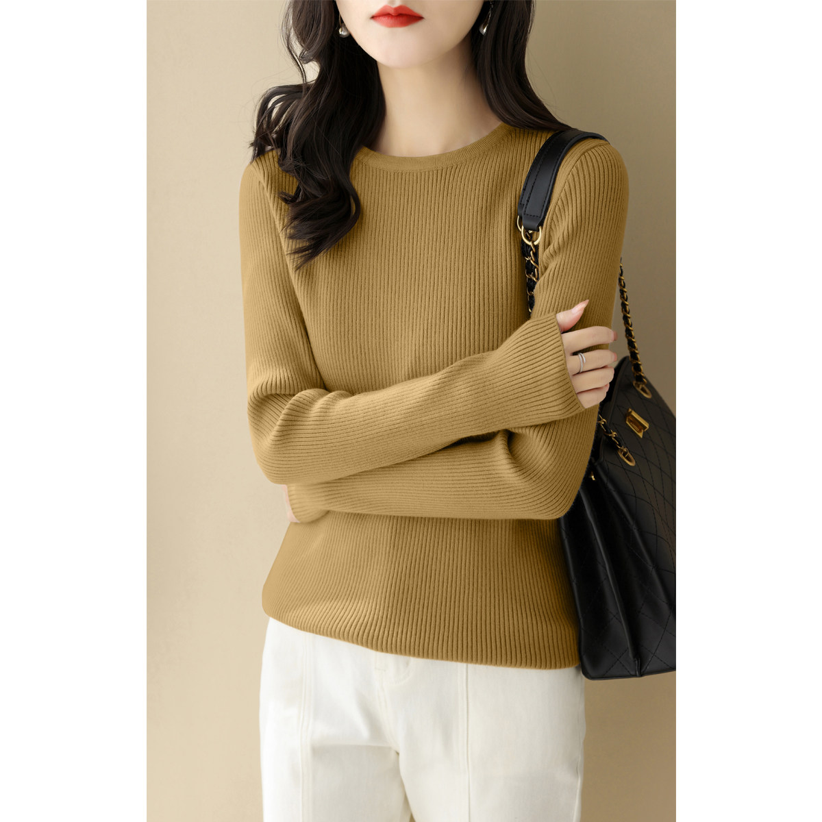 高级感圆领长袖针织衫女春秋修身坑条毛衣洋气内搭套头打底衫上衣