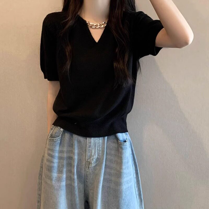 黑色正肩V领冰丝针织短袖T恤女夏季薄款宽松休闲 简约百搭半袖上