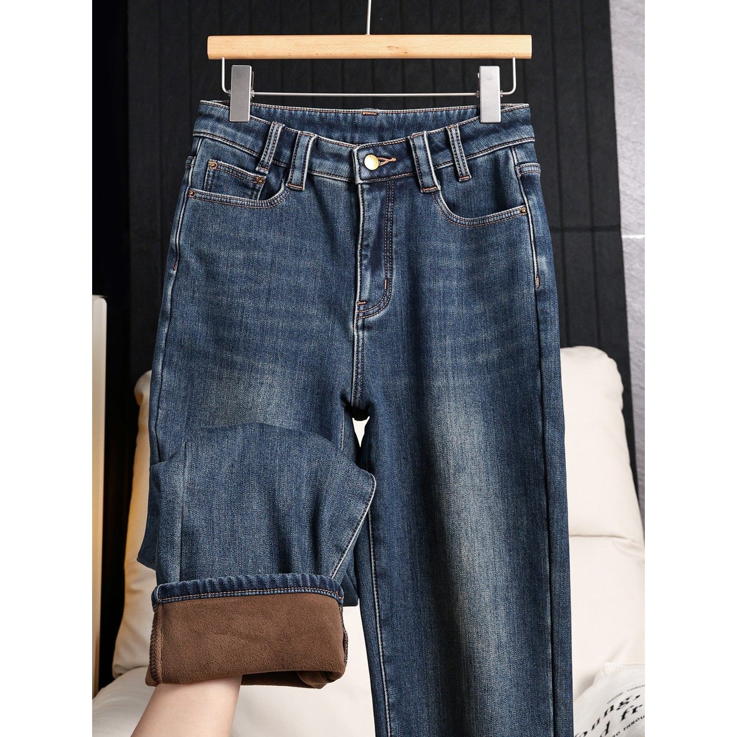 加绒窄版阔腿裤牛仔裤女秋冬加厚高腰显瘦长裤复古水泥灰直筒裤