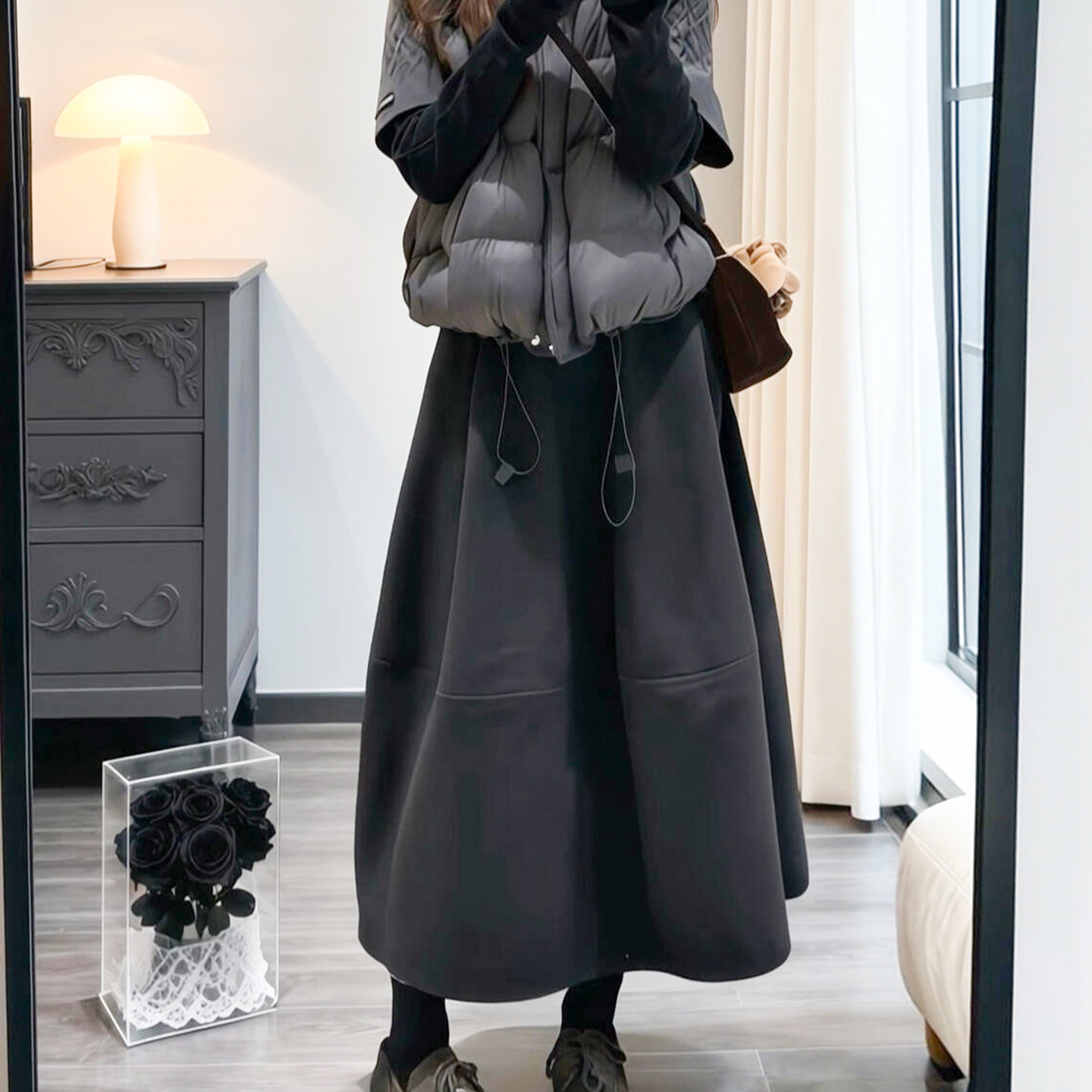 深灰色加绒毛呢半身裙女秋冬加厚遮胯显瘦蓬蓬花苞裙中长款伞裙