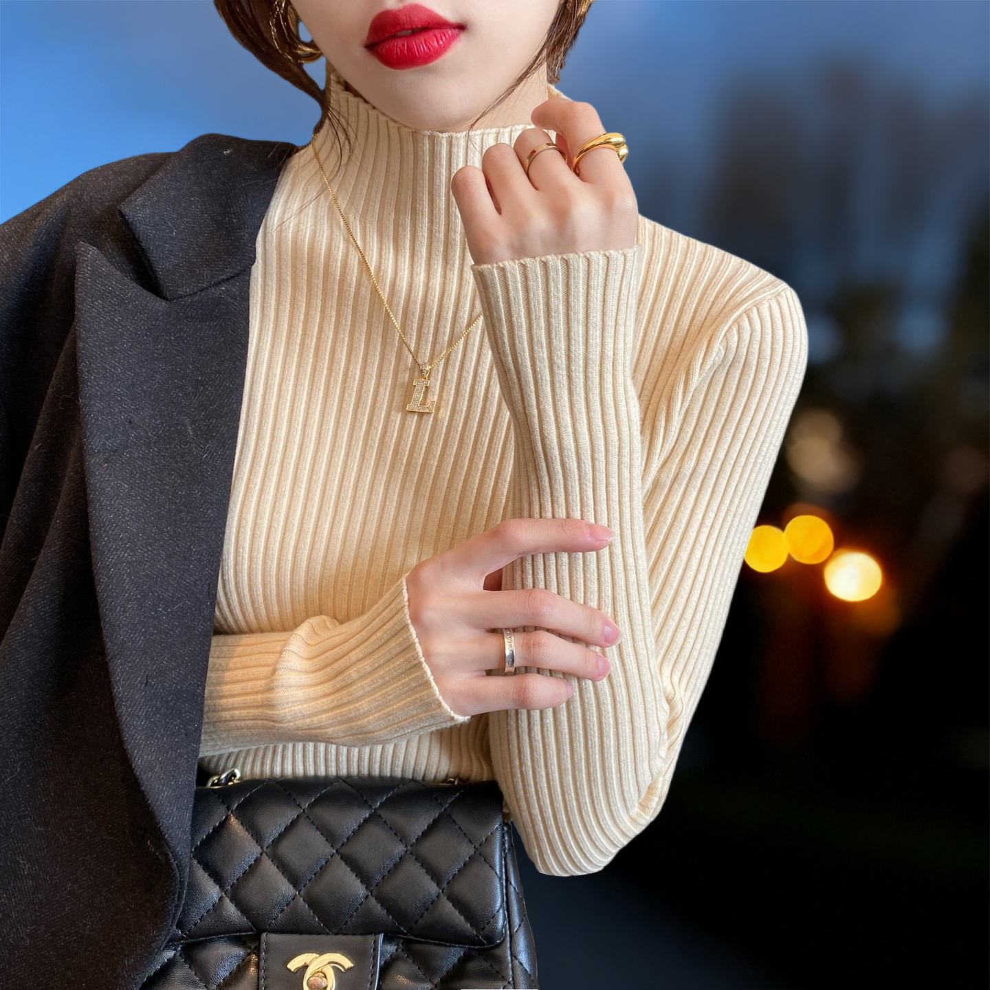 杏色半高领加绒加厚毛衣打底衫女秋冬季配西装大衣的内搭针1209r