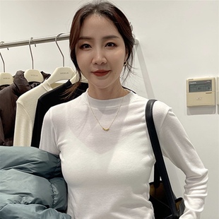 女春秋磨毛白色长袖 T恤叠穿小立领上衣 内搭半高领打底衫 西装