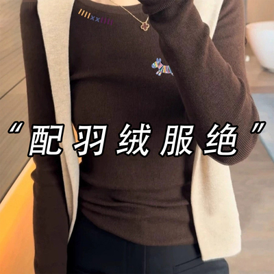 法式秋冬季圆领卡通印花针织毛衣打底衫女羽绒服内搭淡人高知上衣