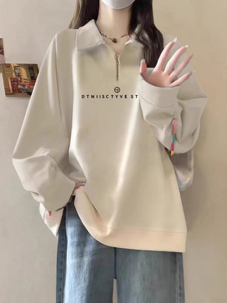 时尚洋气polo领半拉链卫衣女春秋新款加绒加厚中长款遮屁股上衣