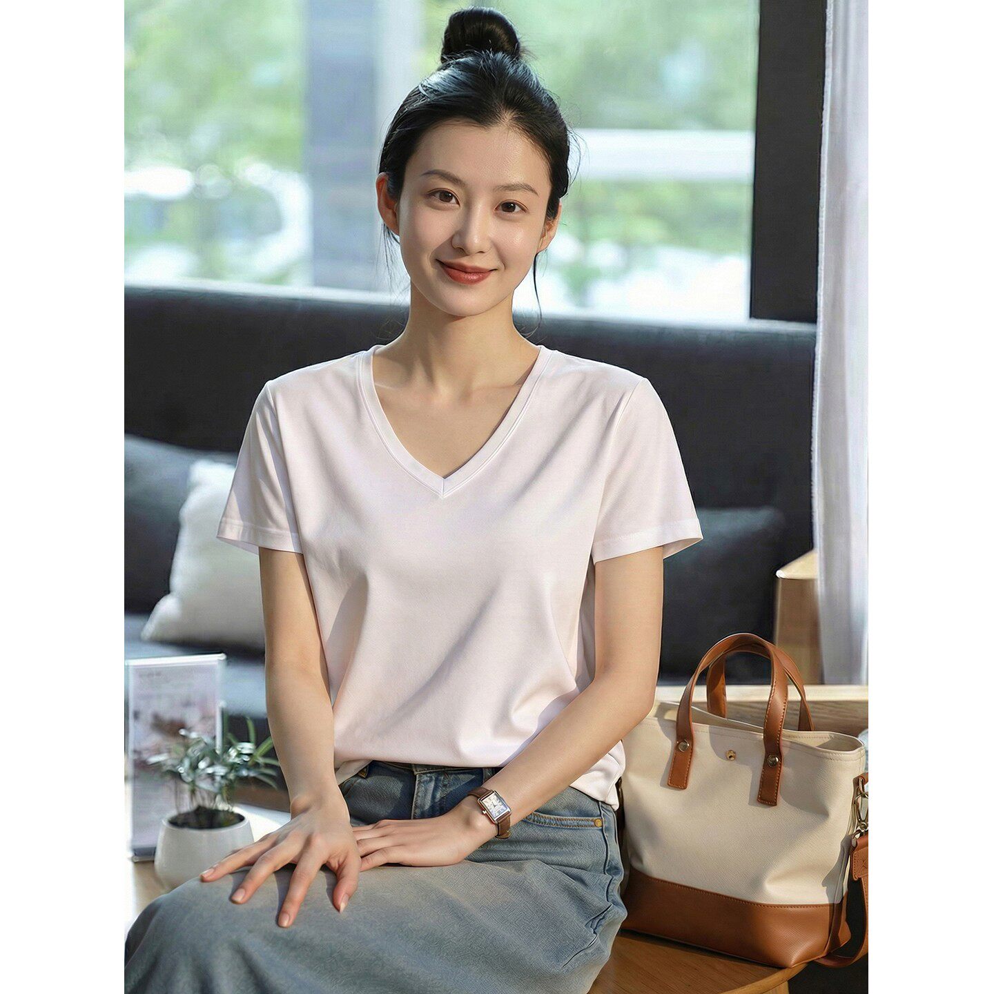 丝光棉白色短袖T恤女夏季新款宽松显瘦V领体恤衫凉感透气正肩上衣