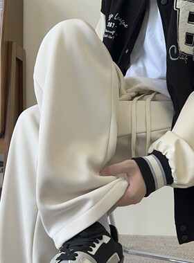 米白色加绒裤子男款秋冬季加厚一体绒宽松直筒阔腿裤冬装加绒卫裤