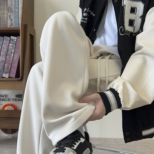 米白色加绒裤子男款秋冬季加厚一体绒宽松直筒阔腿裤冬装加绒卫裤