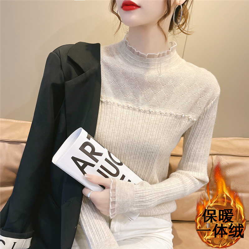 半高领蕾丝打底衫女冬加绒加厚内搭一体绒毛衣洋气针织衫上1204w
