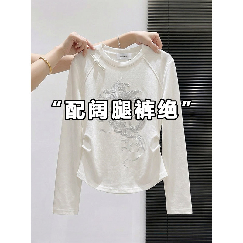 白色新中式国风长袖T恤女春秋新款内搭打底衫刺绣纯棉小衫上衣