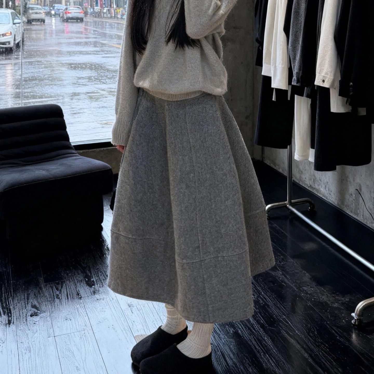 韩系灰色仿羊毛呢半身裙女秋冬新款高腰百搭花苞裙中长款蓬蓬伞裙