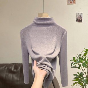 紫色半高领德绒打底衫女秋冬新款桑蚕丝羊绒衫小香风内搭保暖上衣