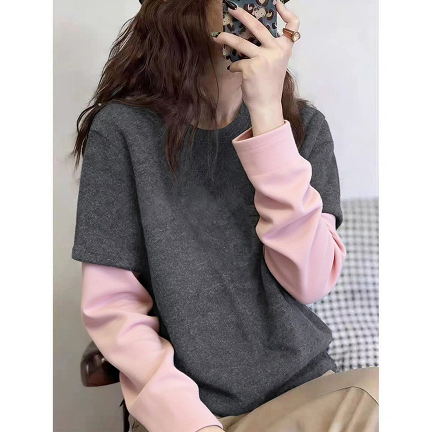 欧货假两件纯棉磨毛长袖T恤女2026新款春秋内搭打底衫显瘦上衣