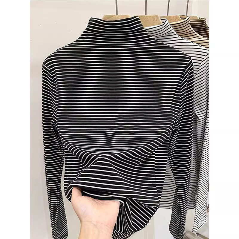 德绒黑白条纹半高领打底衫女内搭秋冬加绒磨毛加厚洋气保暖上衣,运动/瑜伽/健身/球迷用品,瑜伽t恤,淘宝优惠券,粉丝福利购,淘宝优惠卷