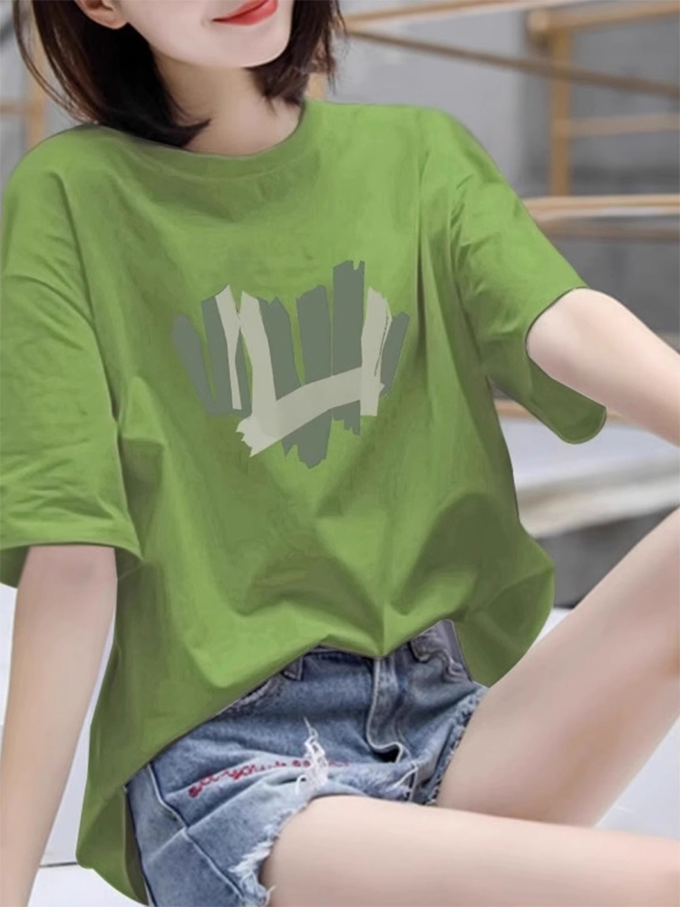 牛油果绿纯棉短袖t恤女夏季宽松韩版印花体恤时尚减龄半袖上衣