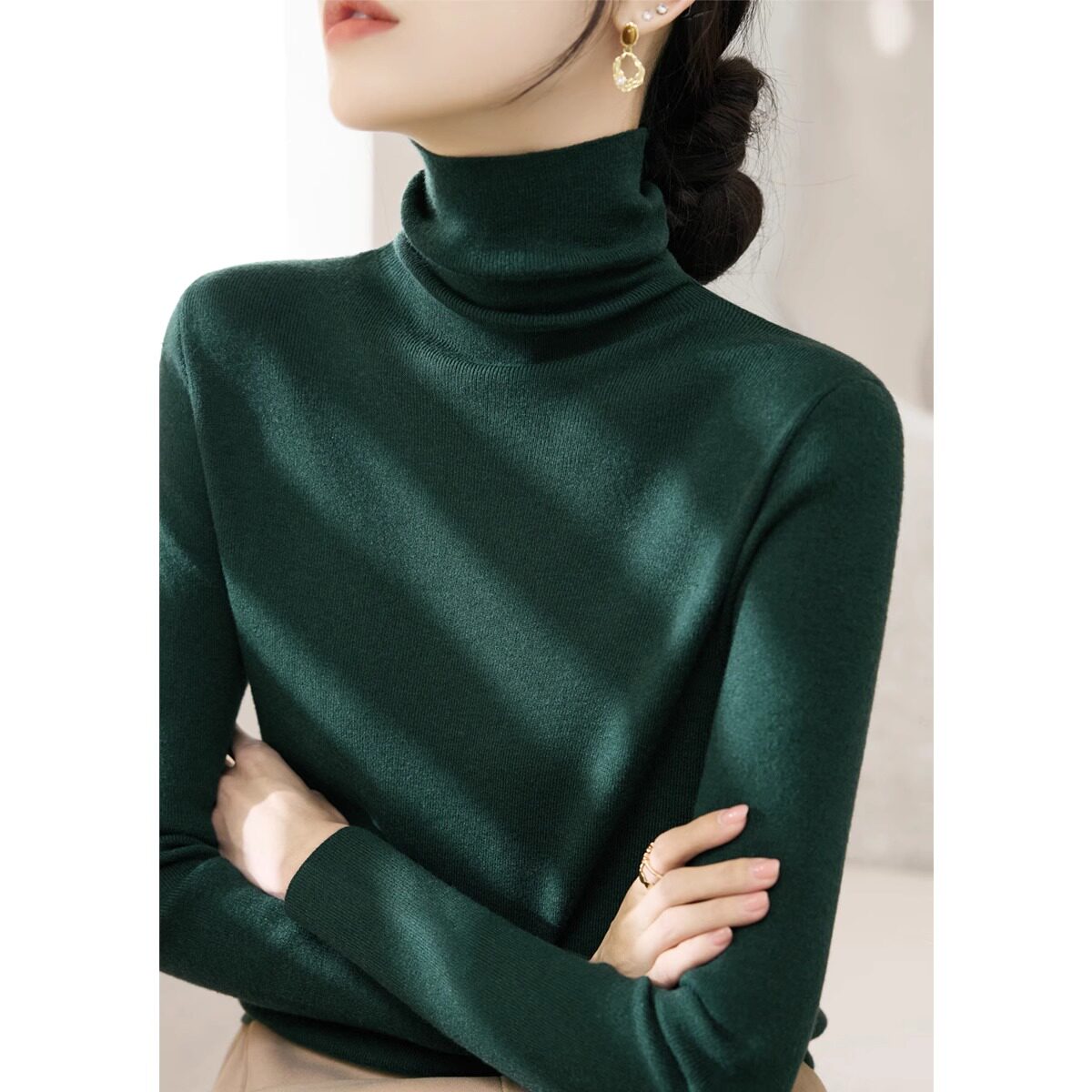 墨绿色羊毛堆堆高领毛衣大衣内搭女秋冬新款时髦洋气针织打底衫