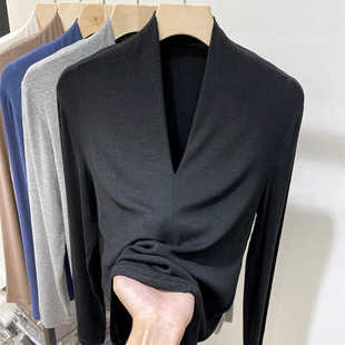 T恤高端大牌修身 小香风内搭长袖 弹力上衣 女春秋新款 黑色V领打底衫