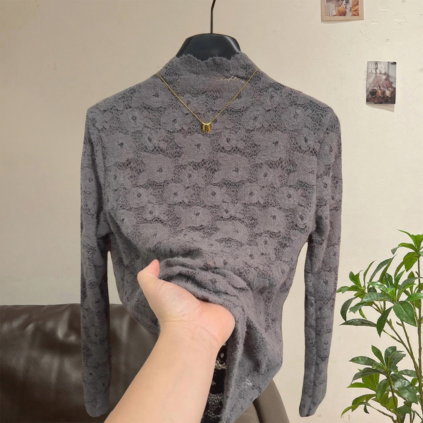 半高领蕾丝打底衫女秋冬小香风内搭镂空立体钩花洋气加磨毛绒上衣,运动/瑜伽/健身/球迷用品,瑜伽t恤,淘宝优惠券,粉丝福利购,淘宝优惠卷