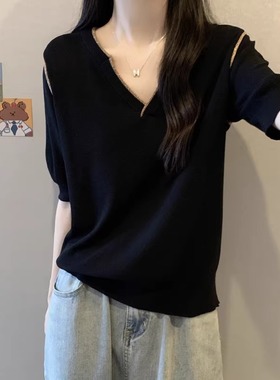 黑色V领短袖t恤夏季薄款大码微胖显瘦遮肚子时尚洋气上衣0115k