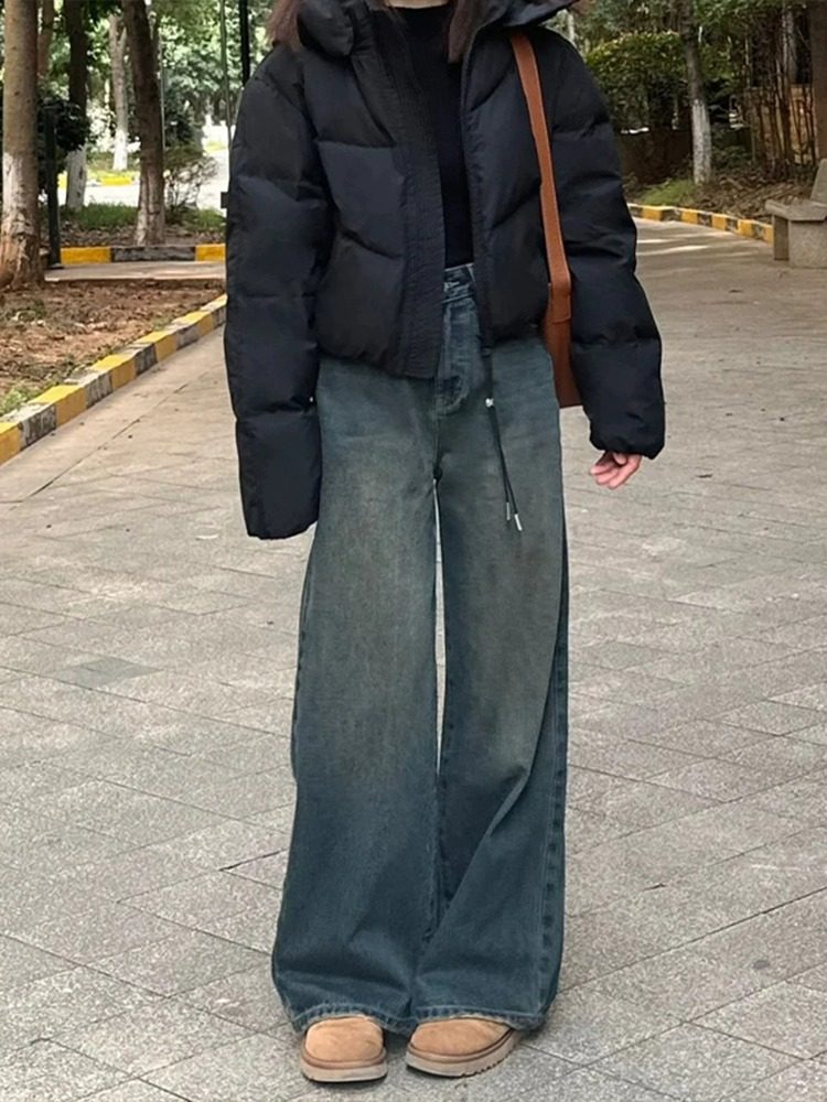 覆古阔腿牛仔裤女秋冬加绒高腰梨型身材遮胯显瘦垂感直筒拖地裤