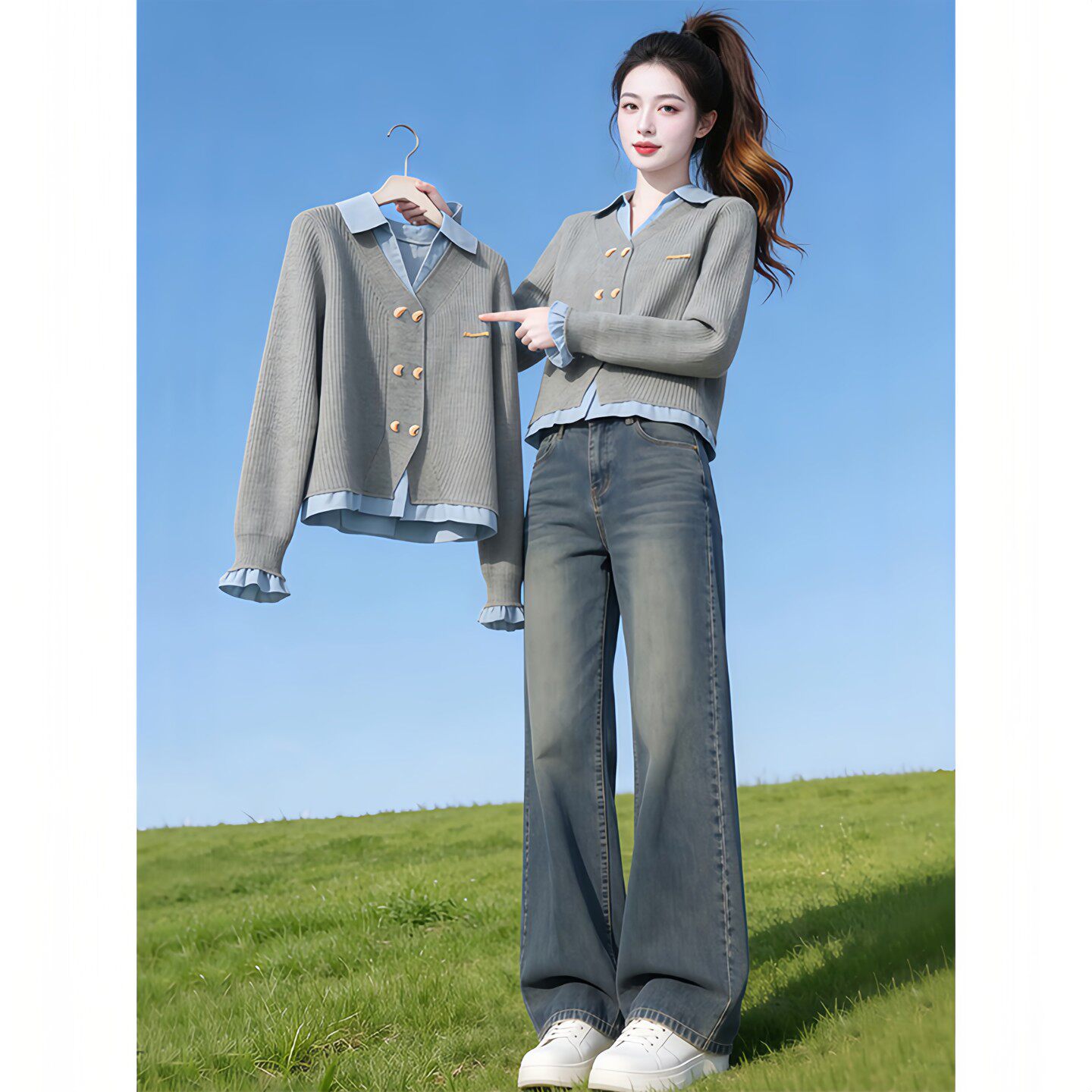 夏季假两件拼接POLO衫长袖T恤女2026新款显瘦针织衬衫上衣0417z2