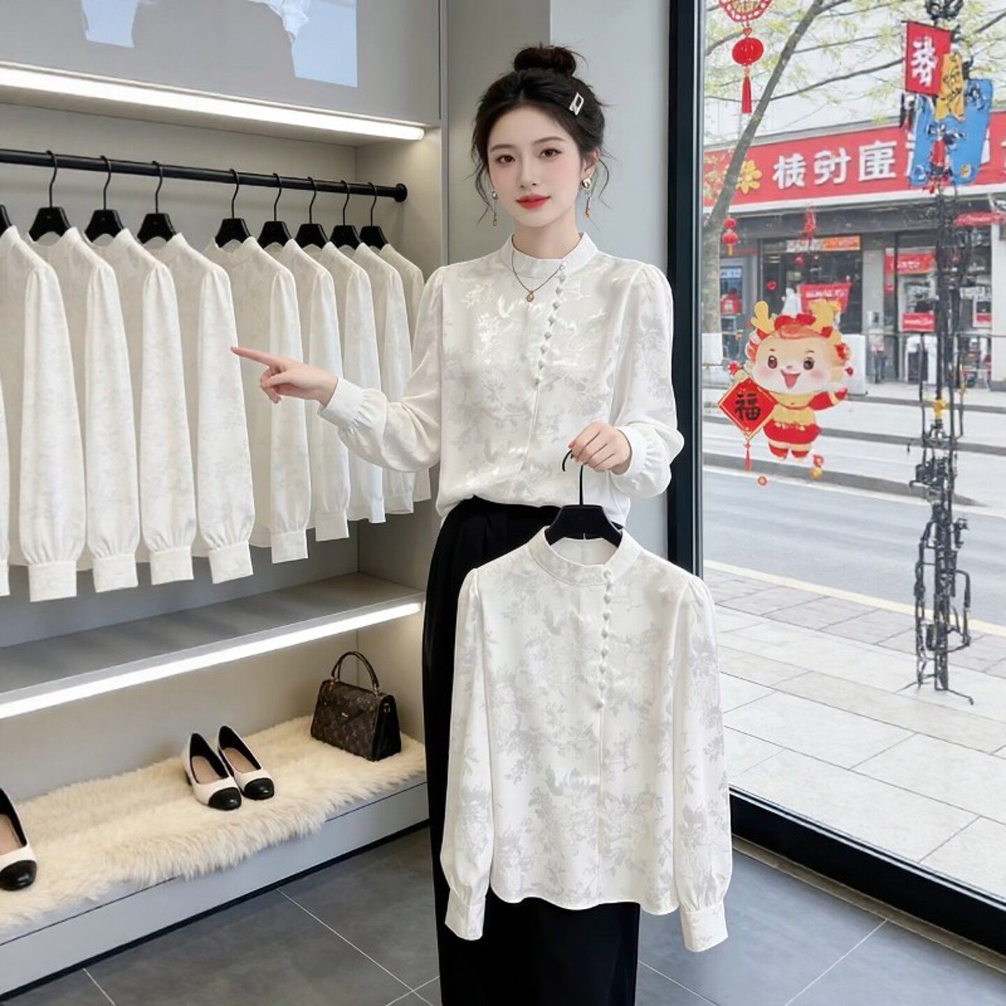 新中式立领提花长袖T恤女2026新款春秋宽松显瘦气质国风衬衫上衣