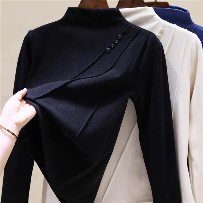 半高领德绒打底衫女秋冬新款大码胖mm遮肚子显瘦长袖T恤欧货上衣