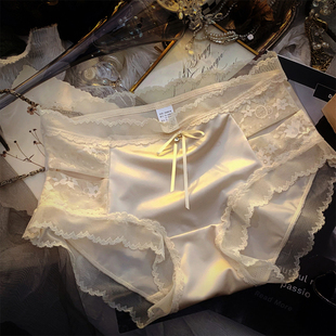 女蕾丝性感镂空网纱中腰包臀抗菌三角裤 轻奢缎面内裤 法式 3条