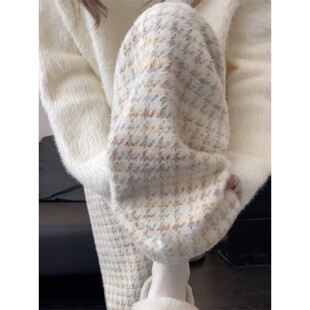 加绒千鸟格阔腿裤女秋冬季新款绒绒裤糯米裤肢直筒阔腿裤加绒裤子