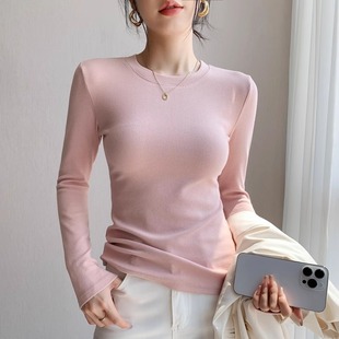 粉色打底衫女秋冬新款圆领螺纹修身内搭长袖T恤高级感简约上衣